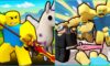 feature image for our save your princess codes guide, the image features promo art for the game including a roblox character holding a sword next to a unicorn, and a roblox character holding a sword as they battle a horde of roblox monsters