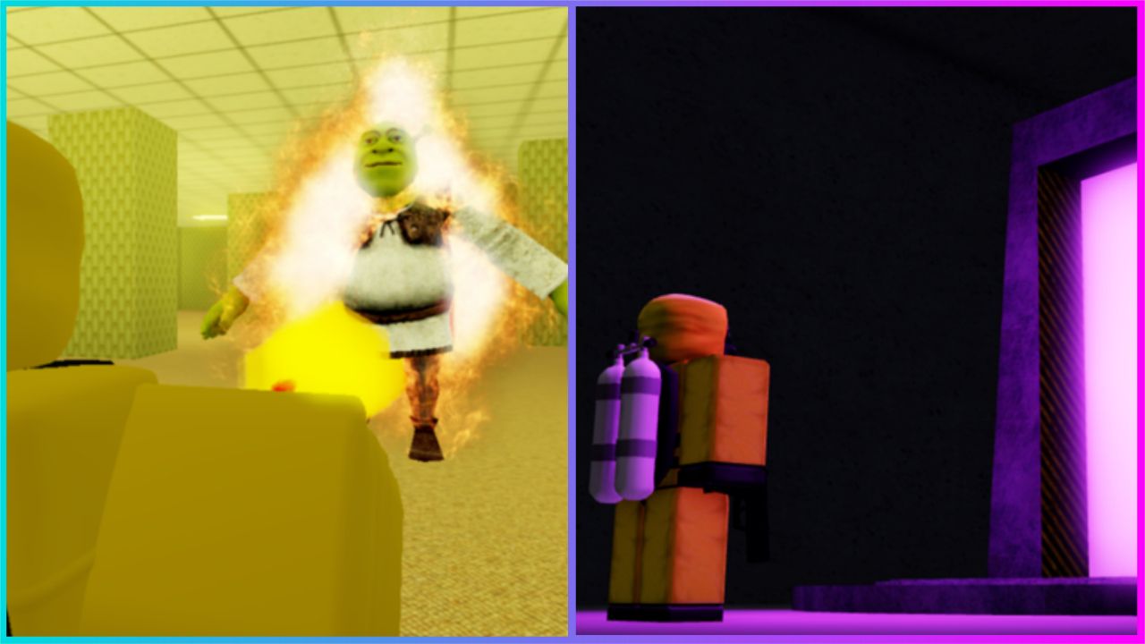 feature image for our shrek in the backrooms codes guide, the image features the monster shrek as they approach the player in the backrooms, as well as a roblox character facing a door that is glowing purple while they wear a hazmat suit