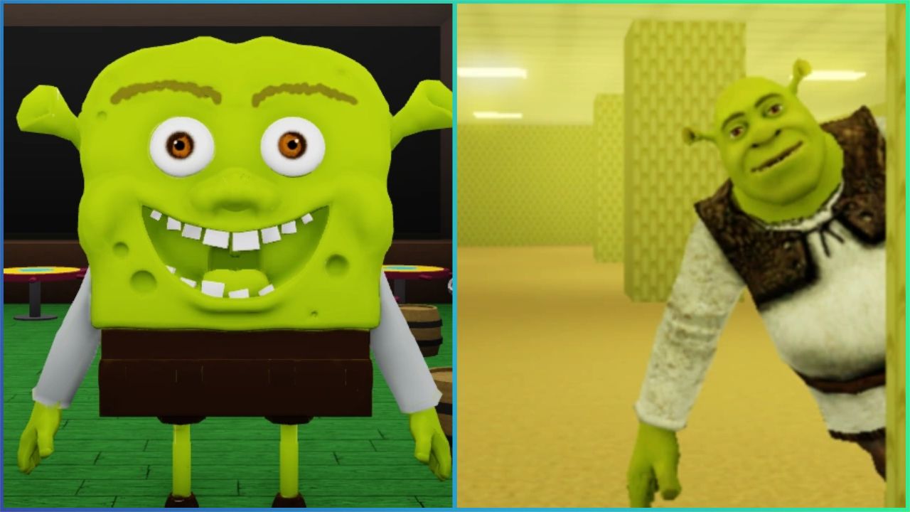 feature image for our shrek in the backrooms map guide, the image features screenshots of entities from the game including a spongebob and shrek hybrid and shrek peering around a corner in the backrooms