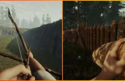 feature image for our sons of the forest crafting guide, the image features screenshots of the main character carrying a big log at their base as they are surrounded by a wooden fence, as well as a screenshot of the main character holding a bow and arrow as they aim towards a hill