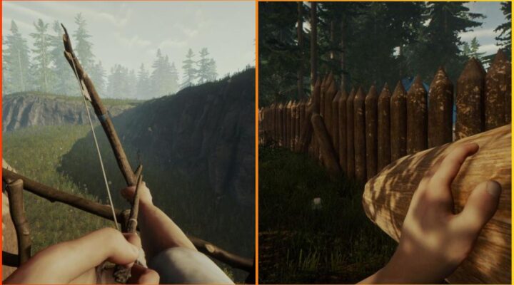 feature image for our sons of the forest crafting guide, the image features screenshots of the main character carrying a big log at their base as they are surrounded by a wooden fence, as well as a screenshot of the main character holding a bow and arrow as they aim towards a hill