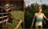 feature image for our sons of the forest virginia guide, the image features screenshots from the game of virginia as she stares at the player, in the other screenshot she is wielding a gun and aiming it while stood in the character's base