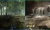 feature image for our sons of the forest water guide, the image features two promo screenshots of the game which include the character standing by a body of water and a waterfall, as someone bathes in the water and another person is using a stick in the water to hunt fish