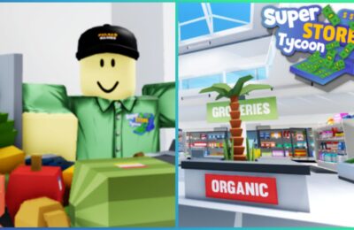 feature image for our super store tycoon codes guide, the image features promo screenshots for the game such as a roblox character working on a shop till with products on the conveyor belt, as well as a screenshot of a supermarket with a palm tree and stocked shelves