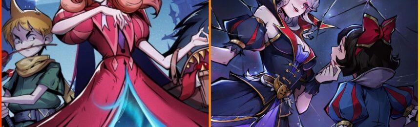 feature image for our tales of grimm tier list, the image features promo art of characters that resemble popular fairytale characters such as red riding hood with an evil expression, and snow white, as a shadow of a wolf appears at the bottom