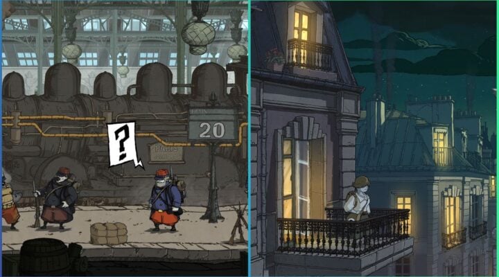 feature image for our valiant hearts characters guide, the image features screenshots from the game such as anna stood on a balcony and emile at a train station