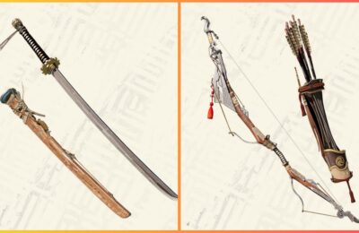 feature image for our wild hearts weapons guide, the image features promo photos of two weapons from the game such as the karakuri katana and the bow