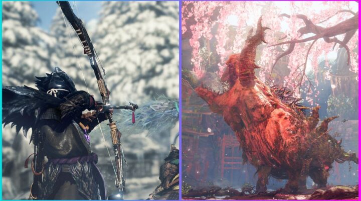 feature image for our wild hearts weapons tier list guide, the image features promo screenshots of gameplay such as a beast stood close by to cherry blossoms, and a hunter using a bow while in combat surrounded by snowy trees
