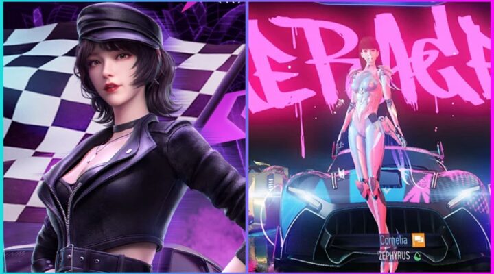 feature image for our ace racer best cars guide, the image features promo art of a character stood in front of a checkered racing flag as she wears a leather jacket and hat, there is also a screenshot of the lobby in the game with a character stood by her car with their username and car name underneath, there is also neon graffiti on the wall behind