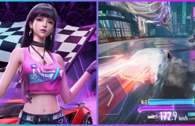 feature image for our ace racer codes guide, the image features promo art of a character from the game wearing a top with the games name on it as a racing flag is behind her as well as a car, there is also a screenshot of some gameplay of car racing in the city