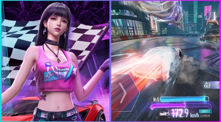 feature image for our ace racer codes guide, the image features promo art of a character from the game wearing a top with the games name on it as a racing flag is behind her as well as a car, there is also a screenshot of some gameplay of car racing in the city