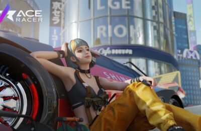 The featured image for our Ace Racer tier list, featuring a woman from the game sitting and resting against her car. She looks relaxed and looks towards the distance.