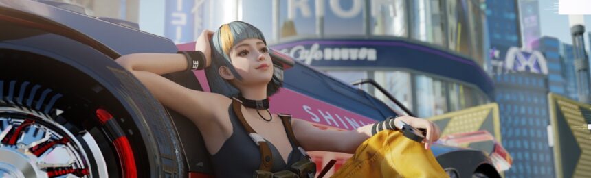 The featured image for our Ace Racer tier list, featuring a woman from the game sitting and resting against her car. She looks relaxed and looks towards the distance.