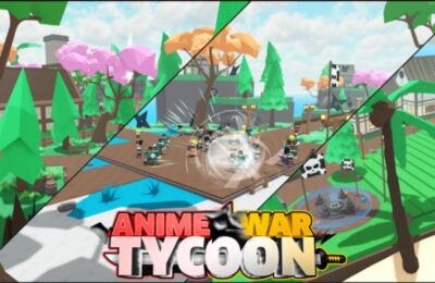 Feature image for our Anime War Tycoon codes guide. It shows several in-game environments, with a battle between several Roblox anime characters in the central panel.