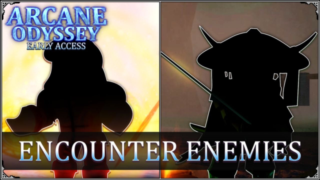 Feature image for our Arcane Odyssey bosses guide. It shows two silhouetted enemy characters.
