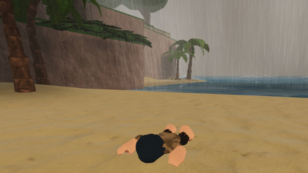 The featured image for our Arcane Odyssey Quartermaster guide, featuring a character from the game laying face down on a beach as rain pours on him.