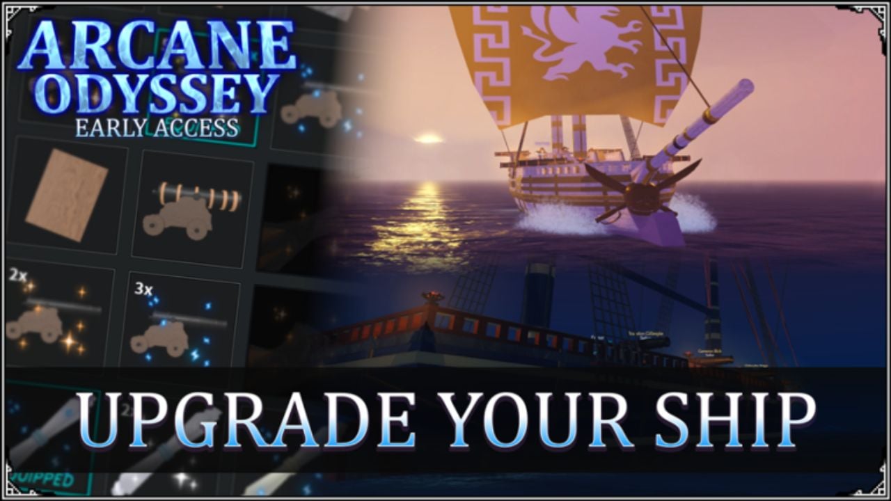 Feature image for our Arcane Odyssey ships guide. It shows a ship in-game and its upgrade window.