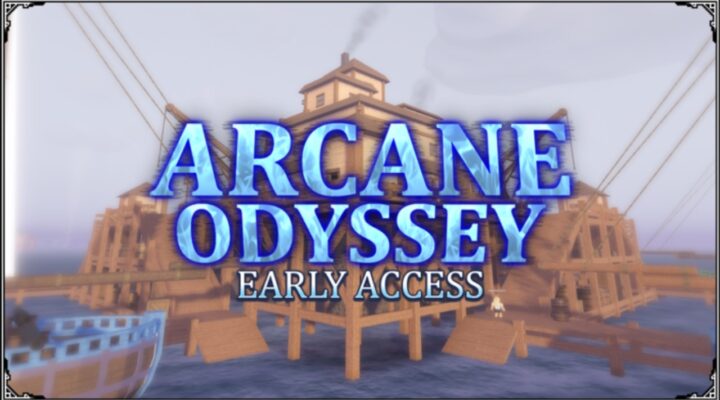 The featured image for our Arcane Odyssey Vindicator guide, featuring the game's title card infront of a temple on water.
