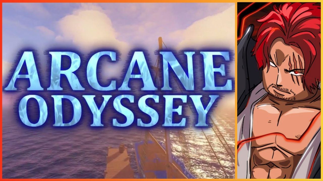 feature image for our arcane odyssey weapons guide , the image features a wide screenshot of an area in the game as well as the game's logo, there is also promo art of a roblox character from the game with a glowing eye and scar on his face