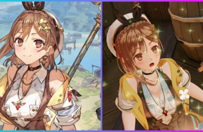 feature image for our atelier ryza 3 characters guide, the image features official promo art of ryza as a faint drawing of a lake and grass is behind her, as well as a screenshot of ryza from the game during a cutscene as she looks up towards a floating key