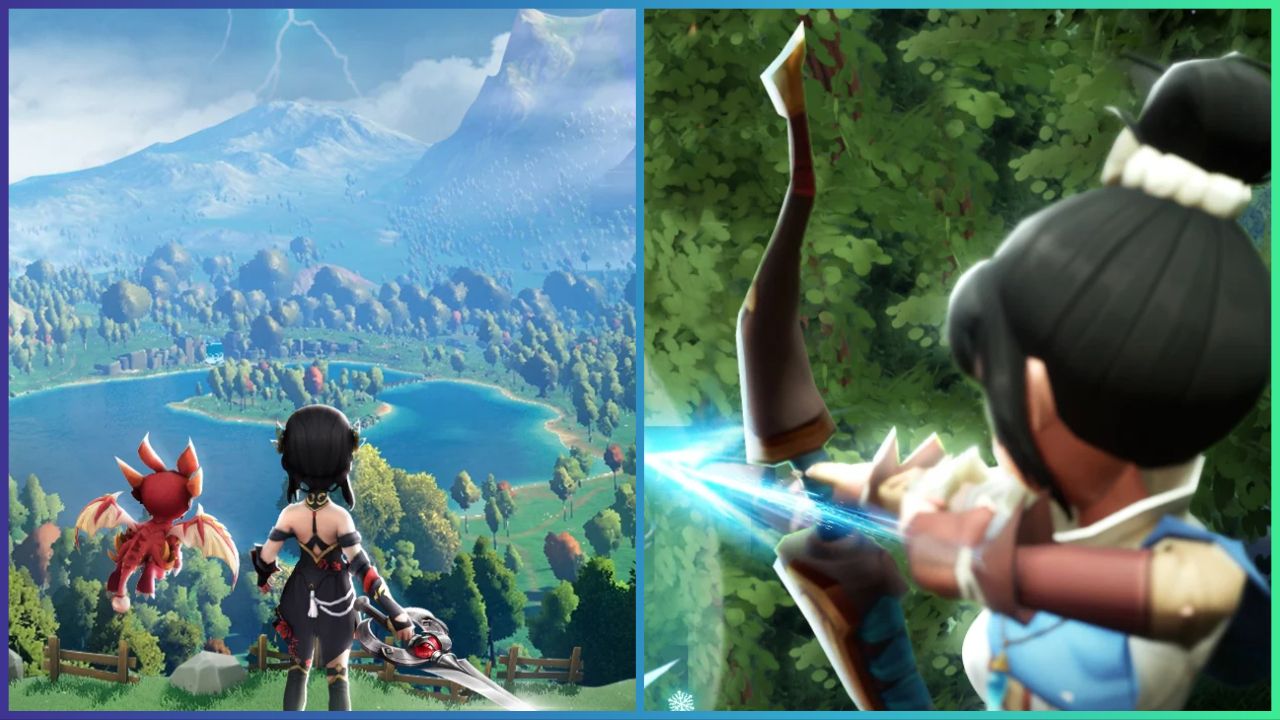 feature image for our avatars saga codes guide, the image features promo art for the game of a character holding a sword with a small pet dragon flying next to them, as they overlook the landscape with a view of a lake, trees, clouds, and mountains in the distance, there is also promo art of a character as they point their bow and arrow towards something as they are surrounded by leaves and trees