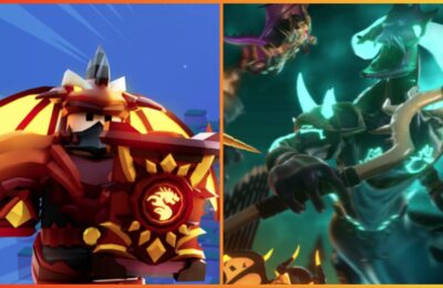 feature image for our bedwars codes guide, the image features promo art for the game of a roblox character wearing armor with glowing dragon wings, a dragon helmet and a shield with a dragon silhoutte on it, there is also promo art of roblox characters taking part in a battle against a large dragon-like monster who is glowing and holding a staff