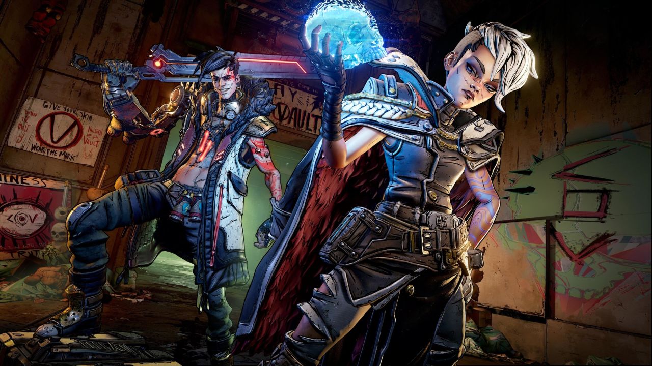 Feature image for our Borderlands 3 Shift codes guide. It shows villain characters Troy and Tyreen in a graffiti-strewn hideout.
