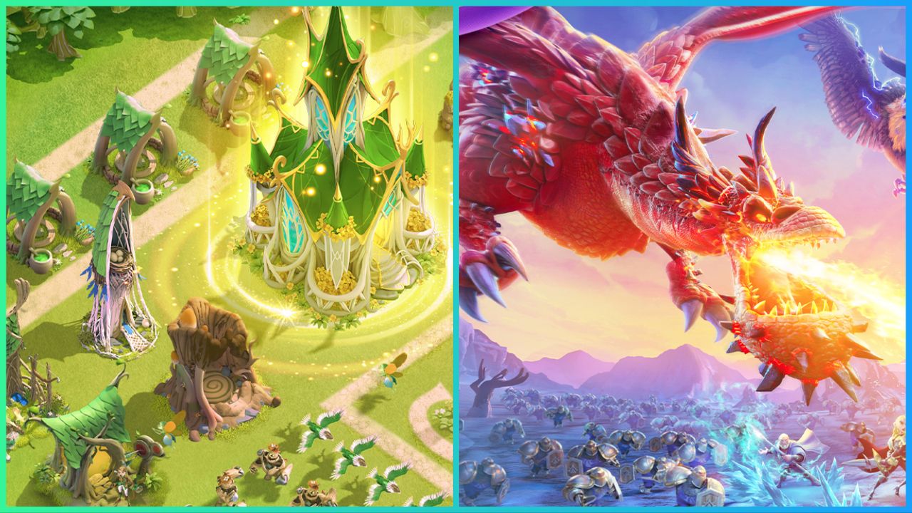 feature image for our call of dragons codes guide, the image features promo art for the game of a dragon flying through the sky while breathing fire, as soldiers defense themselves below, as well as a promo photo of the town management screen of a variety of buildings by a forest
