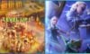 feature image for our call of dragons tier list, the image features promo photos for the game of a building that is glowing with the text "level up" by water and some crops, there is also promo art of some characters from the game including an elven woman as she holds a bow and arrow, another woman who is holding a sword while looking down, and a small goblin