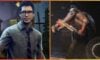 feature image for our dead by daylight mobile codes guide, the image features a picture of the survivor dwight from the game as he looks scared, as well as a screenshot of gameplay of hillbilly carrying a survivor over his shoulder as he holds his weapon in a wooden basement