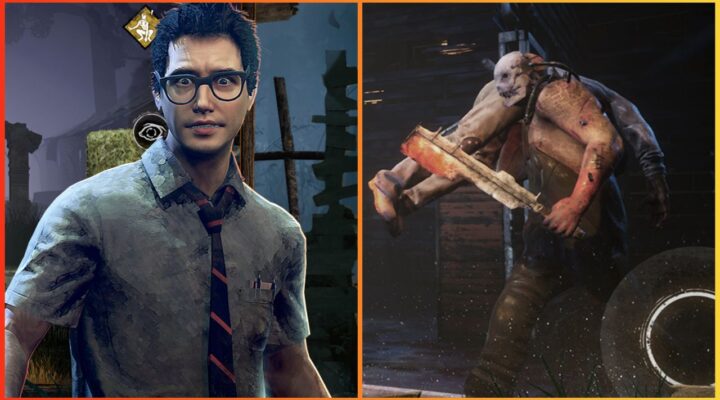feature image for our dead by daylight mobile codes guide, the image features a picture of the survivor dwight from the game as he looks scared, as well as a screenshot of gameplay of hillbilly carrying a survivor over his shoulder as he holds his weapon in a wooden basement