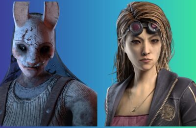 feature image for our dead by daylight mobile perks tier list, the image features the survivor yui kimura and the killer huntress as she wears her rabbit mask
