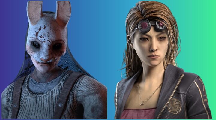 feature image for our dead by daylight mobile perks tier list, the image features the survivor yui kimura and the killer huntress as she wears her rabbit mask