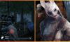 feature image for our dead by daylight mobile tier list, the image features a photo of the killer called huntress as hillbilly stands behind her, there is also a screenshot of gameplay of dwight crouched on the floor as he repairs a generator in a dark forest