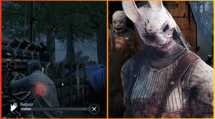 feature image for our dead by daylight mobile tier list, the image features a photo of the killer called huntress as hillbilly stands behind her, there is also a screenshot of gameplay of dwight crouched on the floor as he repairs a generator in a dark forest
