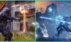 feature image for our destiny 2 exotic tier list guide, the image features promo screenshots of the game of a character taking part in battle while holding a glowing polearm, as well as a character pointing a gun towards a glowing machine surrounded by grass