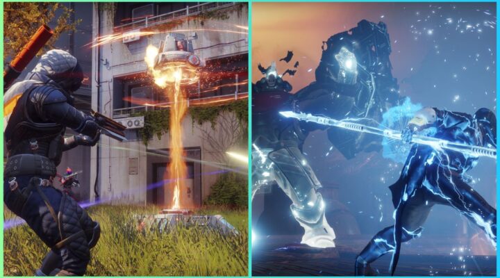 feature image for our destiny 2 exotic tier list guide, the image features promo screenshots of the game of a character taking part in battle while holding a glowing polearm, as well as a character pointing a gun towards a glowing machine surrounded by grass