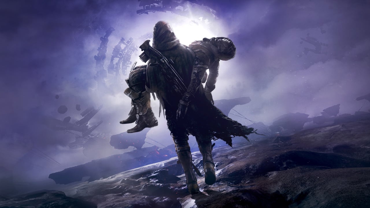 The featured image for our Destiny 2 Weapon tier list, featuring a hooded character carrying another character. They walk away from the camera towards a light in the sky. The sky is coloured purple.