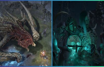 feature image for our diablo 4 classes guide, the image feature promo photos for the game of the necromancer class as they are surrounded by skeletons as they hold a skull on a chain, there is also a screenshot of PvE gameplay as characters battle against a large monster