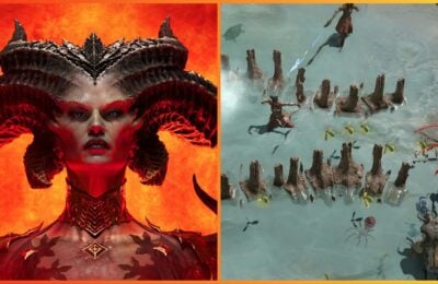 feature image for our diablo 4 tier list, the image features promo art of a demonic woman with horns as flames surround her from behind as well as a screenshot of pvp gameplay as characters stand in water while one is using a bow and arrow to battle against a spider and other insects