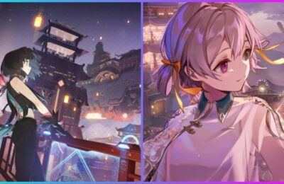 feature image for our eastpunk: journey tier list guide, the image features anime style promo art of two characters from the game as one faces a view of the surrounding area with an airship flying by