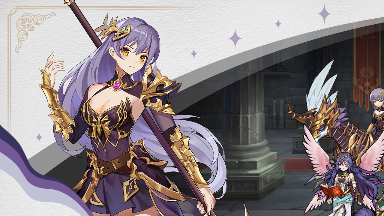 The featured image for our Fate Fantasy tier list, featuring a woman dressed in armour looking at the camera. She has a sword on her back and has purple hair.