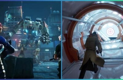 feature image for our fortnite creative 2.0 map codes, the image features screenshots from the demo of two maps of the fortnite creative 2.0 mode, such as a character facing a giant sci-fi robot, and a character traversing through a corridor on a space ship