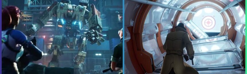 feature image for our fortnite creative 2.0 map codes, the image features screenshots from the demo of two maps of the fortnite creative 2.0 mode, such as a character facing a giant sci-fi robot, and a character traversing through a corridor on a space ship