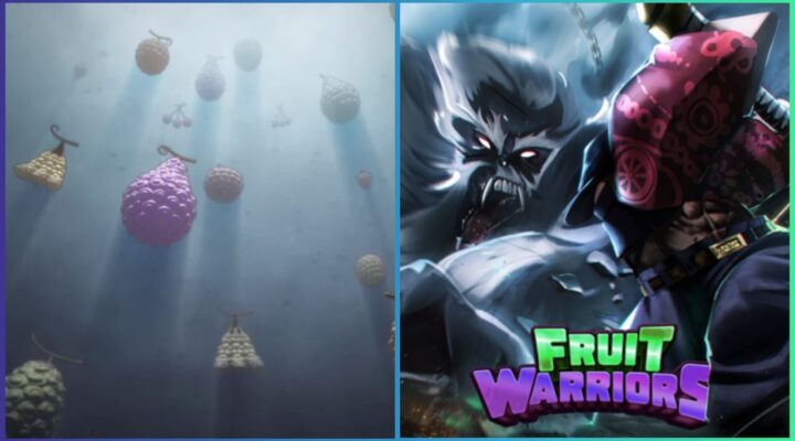 feature image for our fruit warriors tier list guide, the image features promo art for the game of a roblox character taking part in a battle with a monster with the game's logo at the bottom, there is also art of devil fruit from the one piece franchise