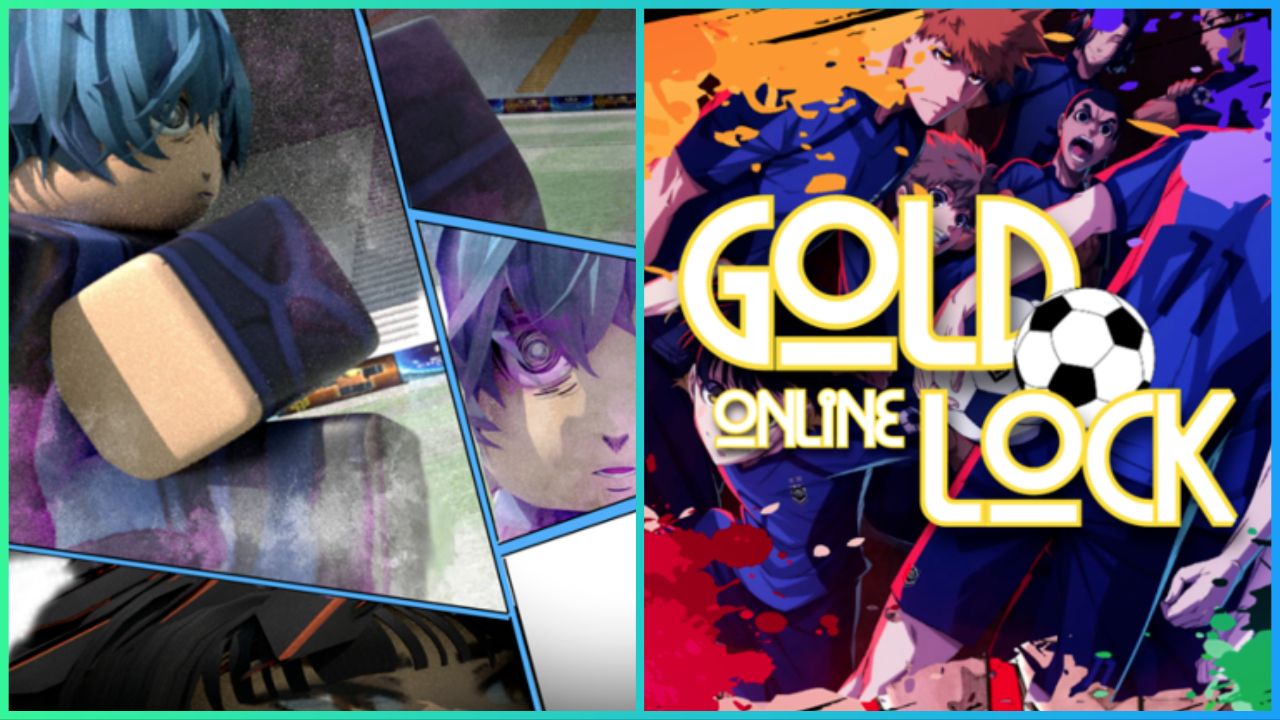feature image for our gold lock codes guide, the image features roblox versions of characters from the series blue lock such as isagi and bachira as the image is split into comic book sections, there is also art of the characters from blue lock with the game's logo and paint splatters around the edge