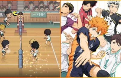 feature image for our haikyuu touch the dream codes guide, the image features promo art for the game of a variety of characters from the franchise as they pose in volleyball stances wearing different sporting uniforms, there is also a screenshot of gameplay of small versions of each character taking part in a volleyball game