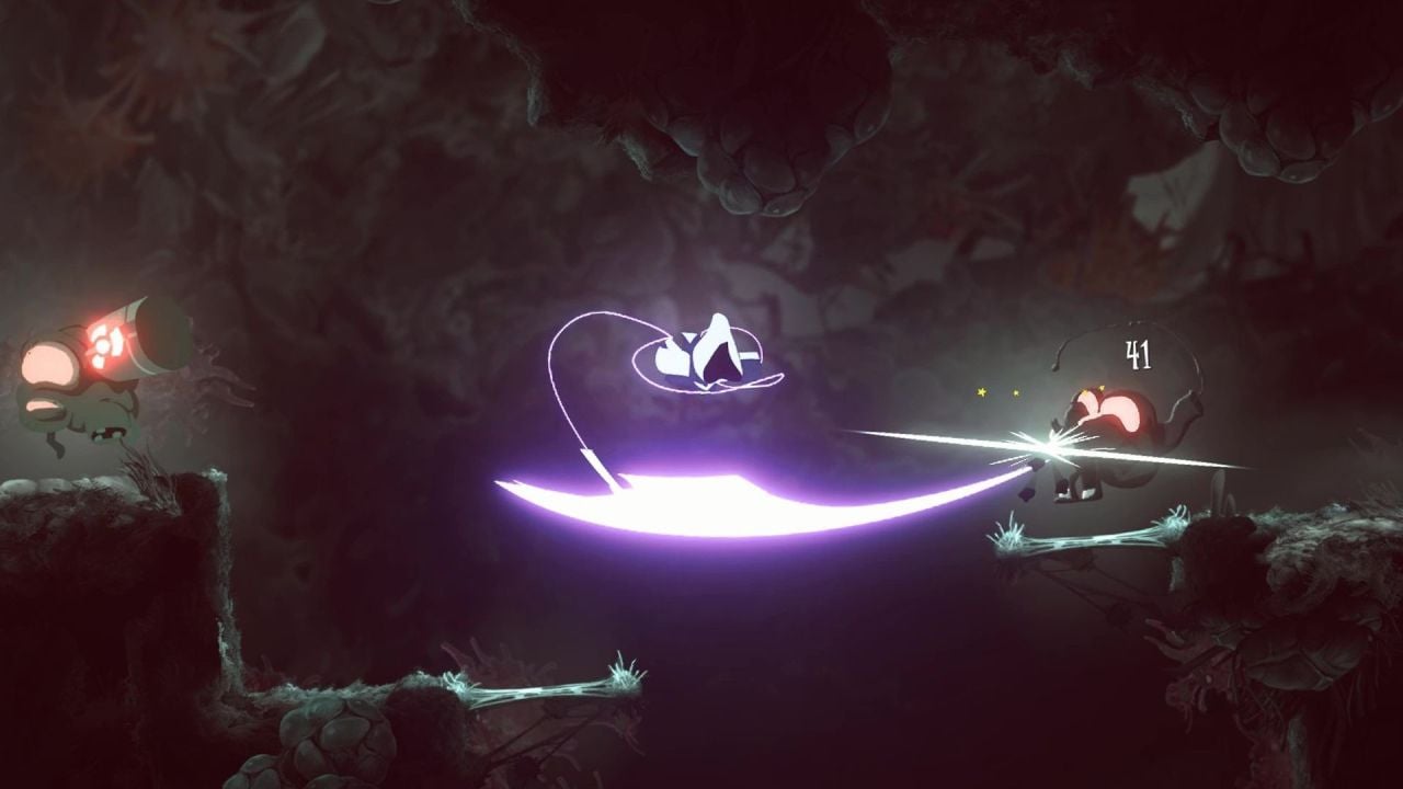 screenshot of combat gameplay in have a nice death, the main character is airborne while attacking the enemy with a scythe that is glowing as they are surrounded by rocks