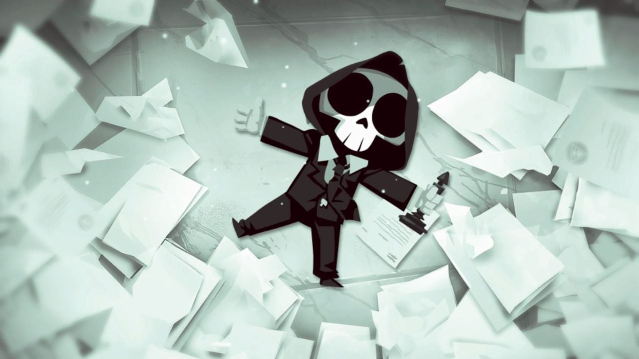 image of the main character death as he wears a messy suit as he lays on a pile of papers while holding a stamper 