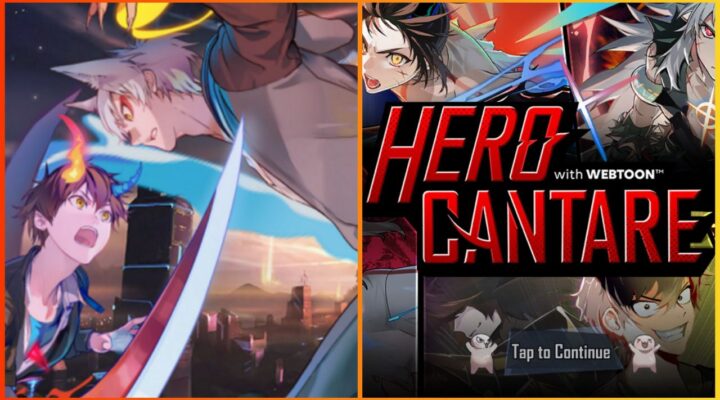 feature image for our hero cantare tier list, the image features promo art of some characters from the game as they wield their weapons towards each other with a city landscape behind them, as well as the game's logo